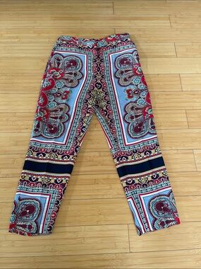 Women Zara Scarf Pattern Straight Leg Pants Zipper Front & Back Waist Pockets M
